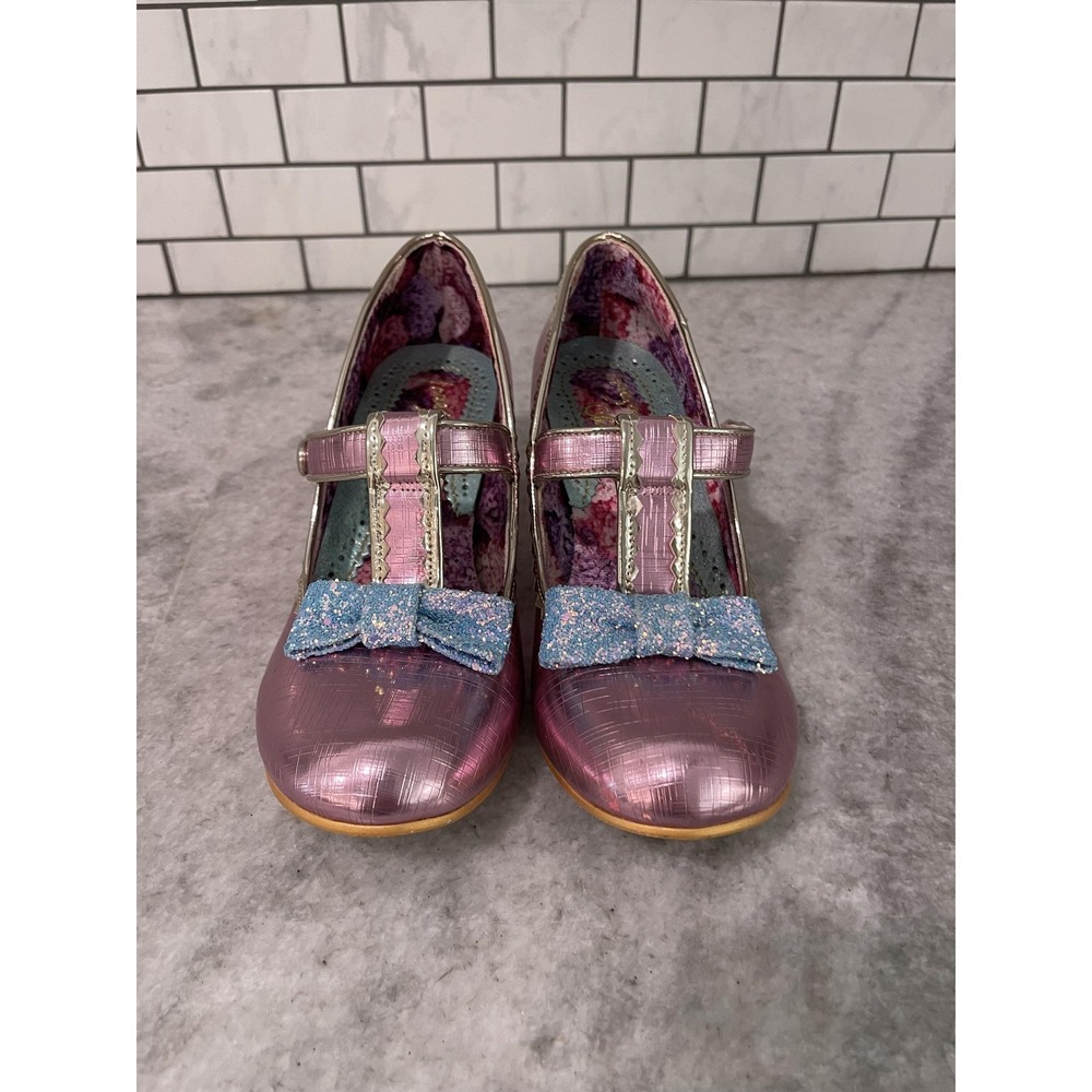 Irregular Choice Pink Purple Shimmer Mary Jane Heels with Blue Glitter Bows